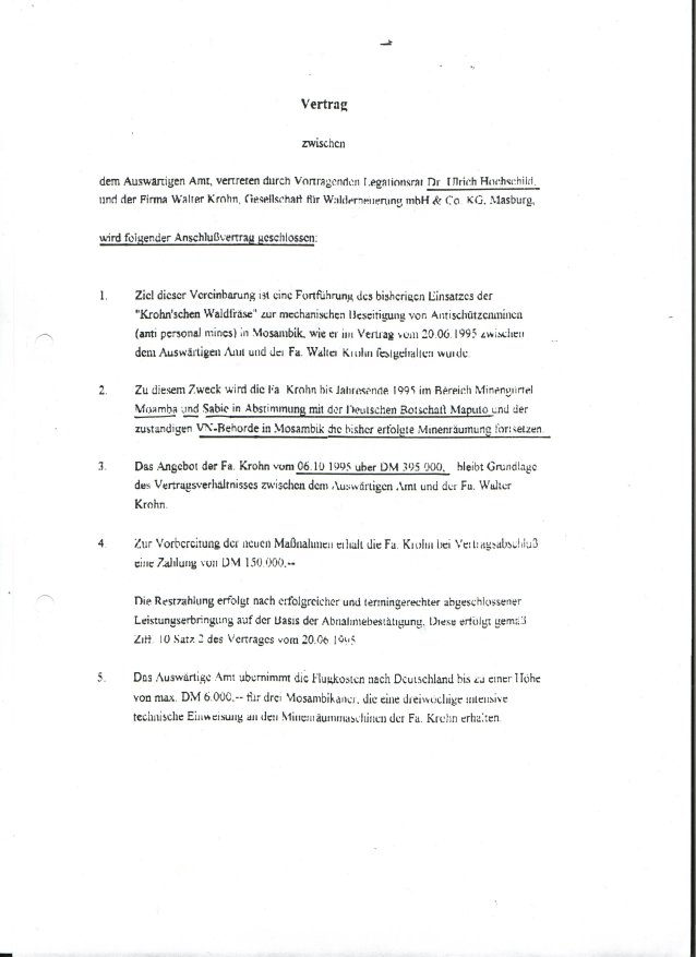 Scan Seite 1 Anschlussvertrag Minenrumung Mosambik